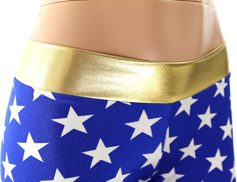 Dilly Duds Royal Blue Spandex with White Stars - Shiny Gold Waistband - Mid Rise Booty Shorts with Full Coverage - Image 2
